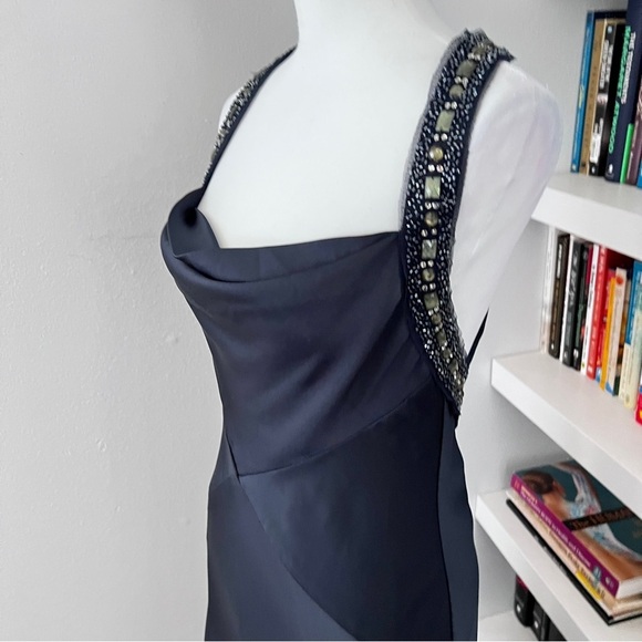 BCBG Deep Blue Draped Beaded A-line Formal Gown size 6 - Picture 4 of 16